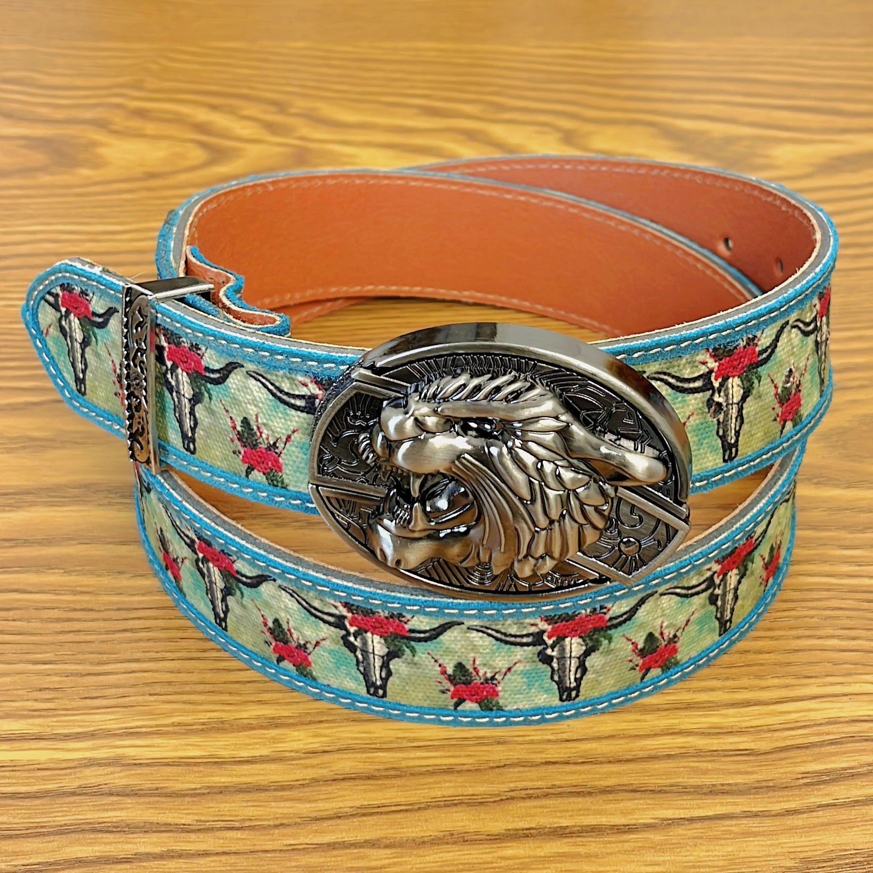 Cow Carved Fabric Painted Cow Leather Vintage Belt