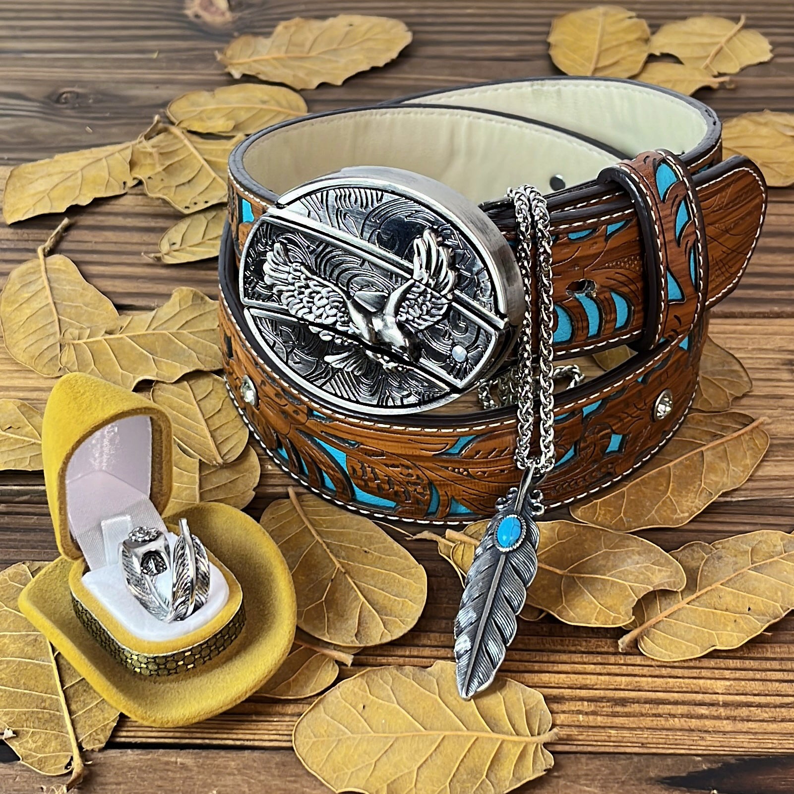 Turquoise Belt Eagle Belt Buckle Feather Set