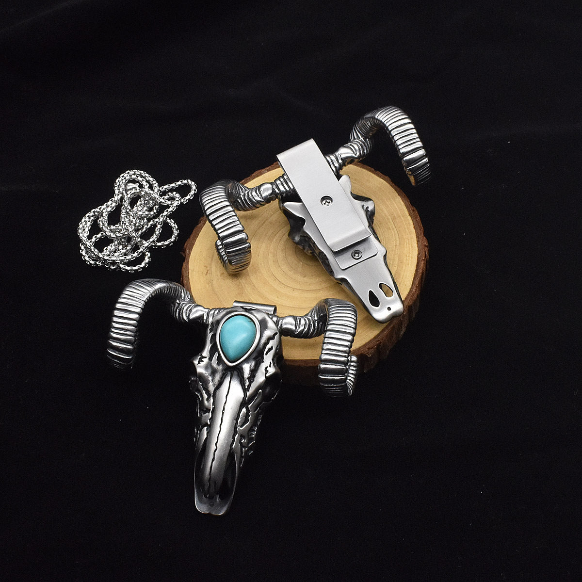 Turquoise Ram's Head Necklace Knife Pendant Damascus Charm Pendant