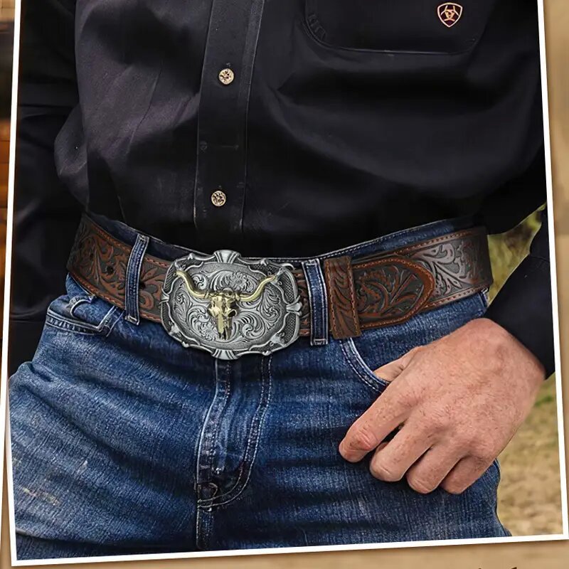 Western cowboy retro bull head men's embossed belt American fashion jeans belt