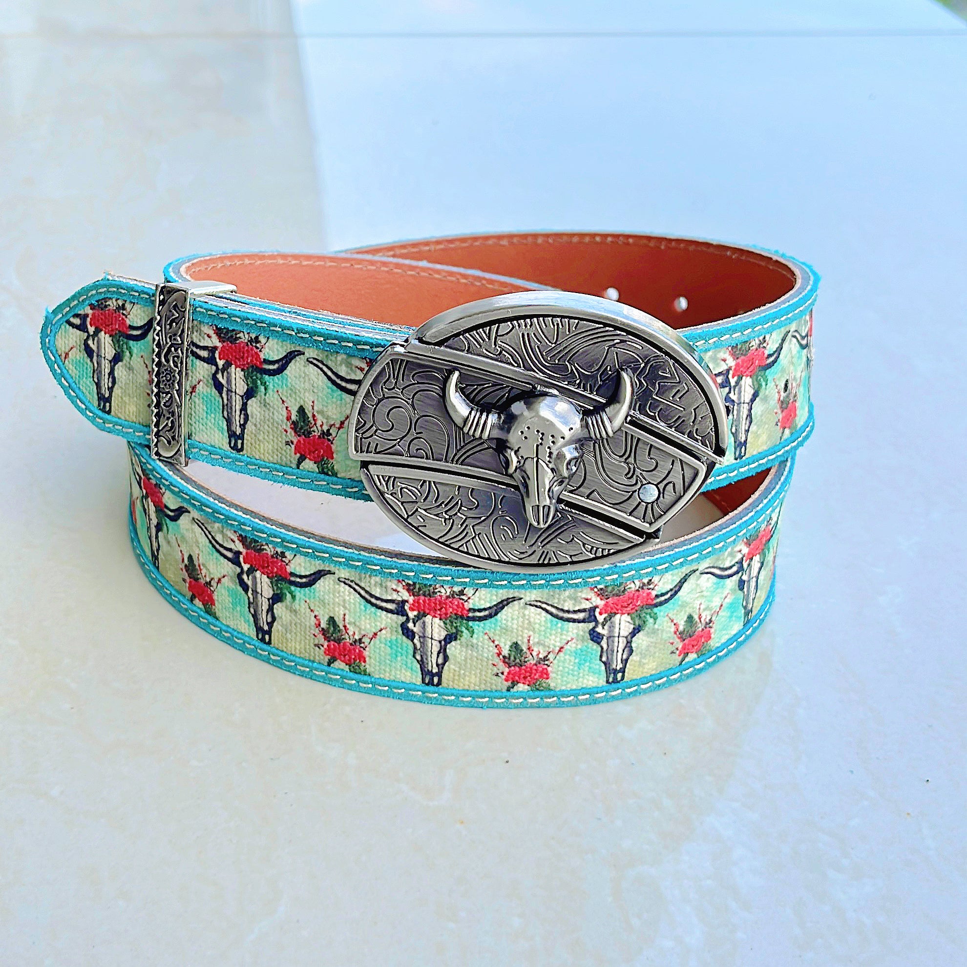 Cow Carved Fabric Painted Cow Leather Vintage Belt