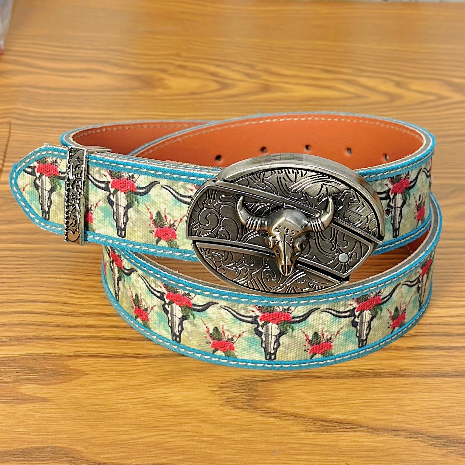 Cow Carved Fabric Painted Cow Leather Vintage Belt
