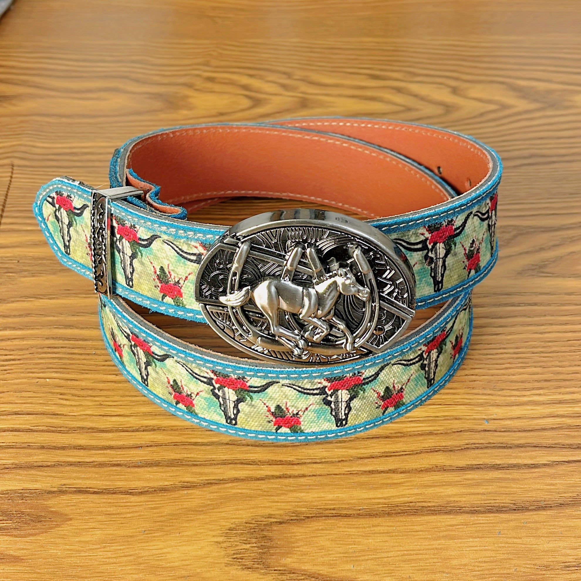 Cow Carved Fabric Painted Cow Leather Vintage Belt