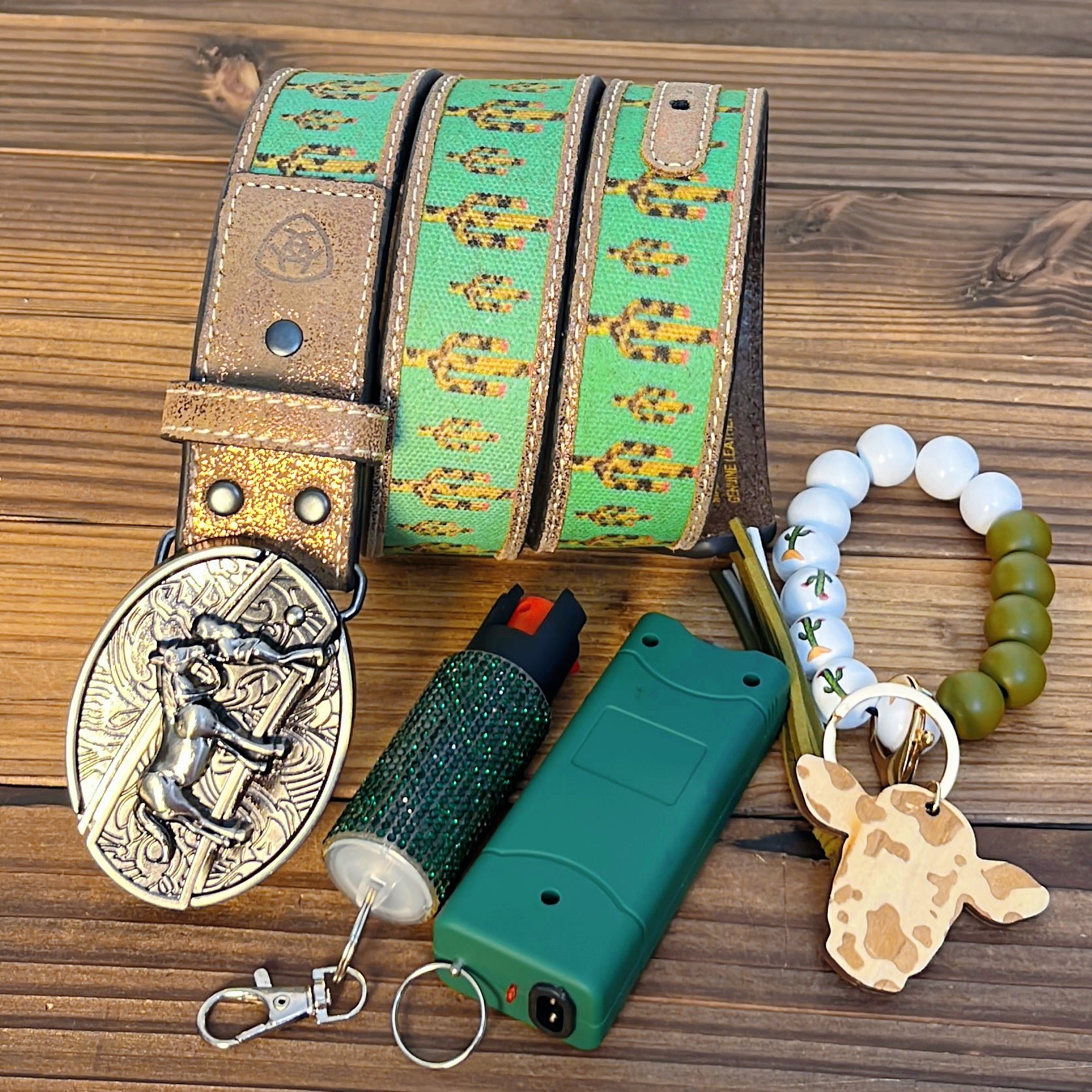 Green Cactus Leather Belt Self Defense Set