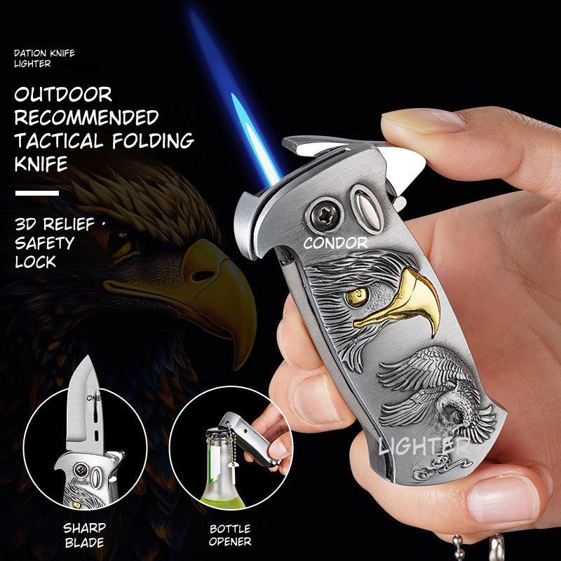 Multifunctional lighter with folding knife and bottle opener