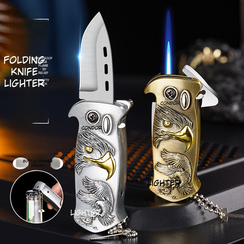 Multifunctional lighter with folding knife and bottle opener