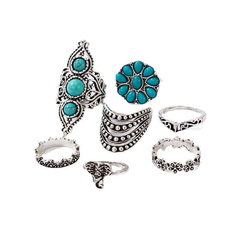 Turquoise Ring 7 Piece Silver Ring Set