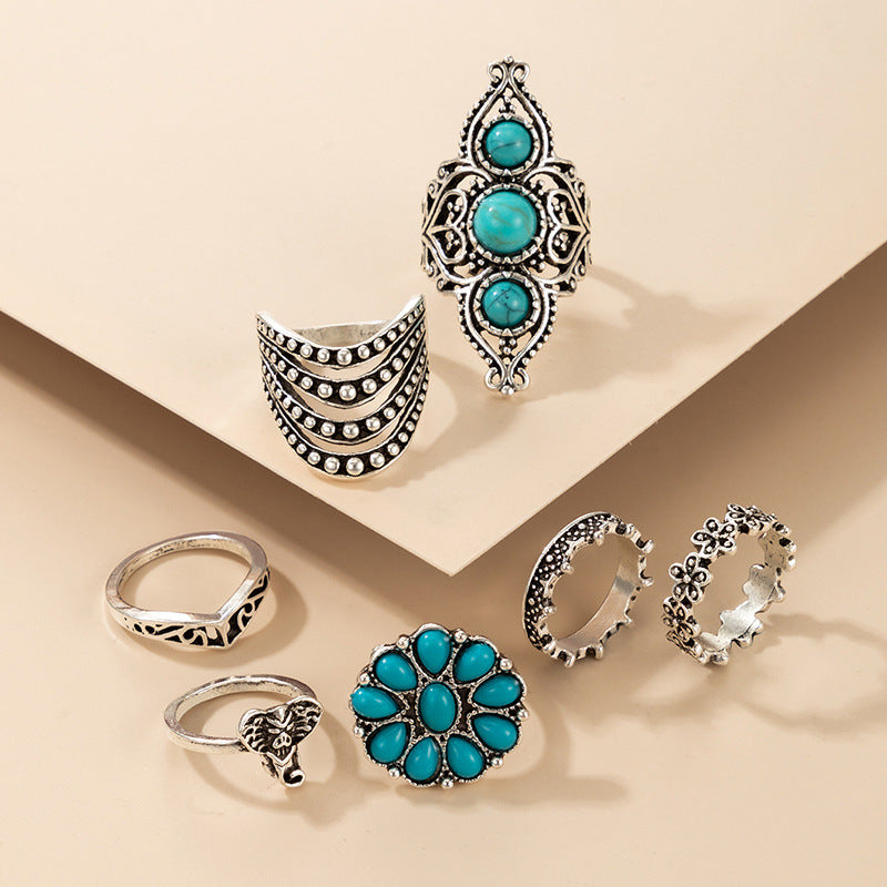 Turquoise Ring 7 Piece Silver Ring Set