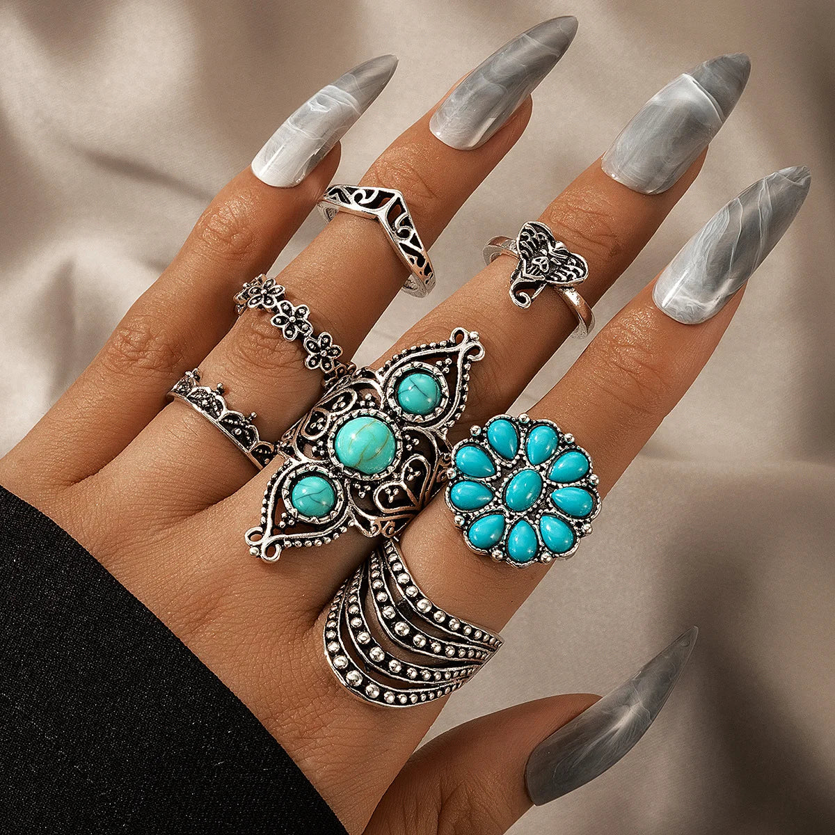 Turquoise Ring 7 Piece Silver Ring Set