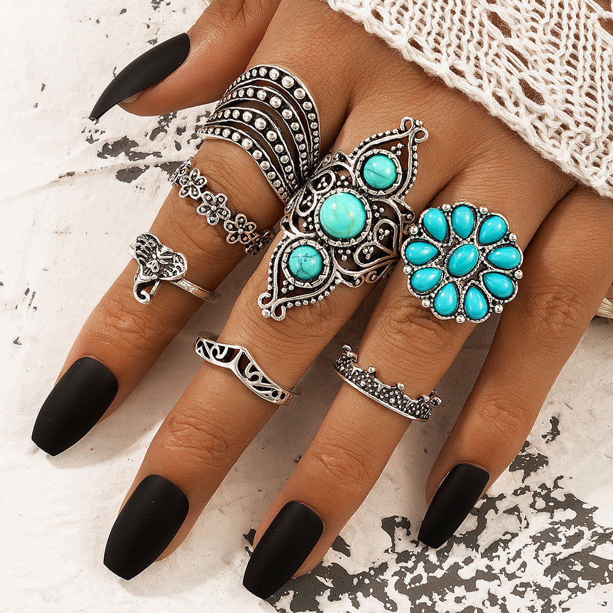 Turquoise Ring 7 Piece Silver Ring Set