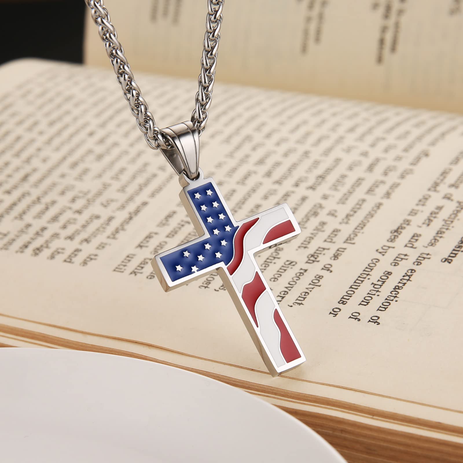 American flag patriotic cross necklace