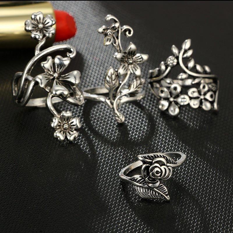 Antique silver moringa vine leaves flower ring 4 pieces set