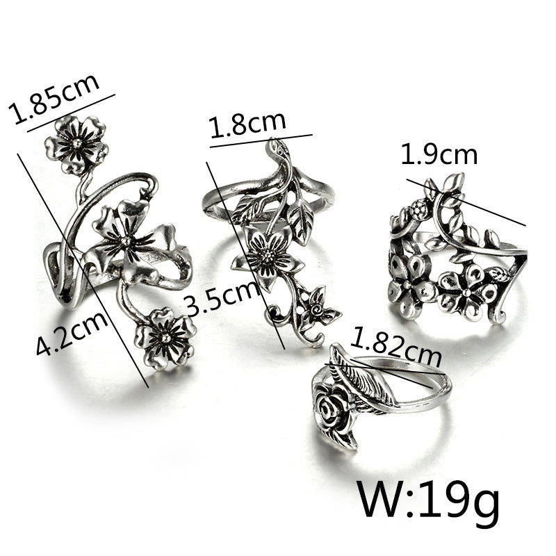 Antique silver moringa vine leaves flower ring 4 pieces set