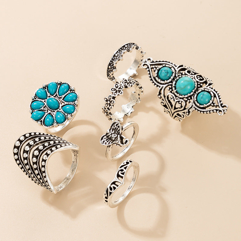 Turquoise Ring 7 Piece Silver Ring Set