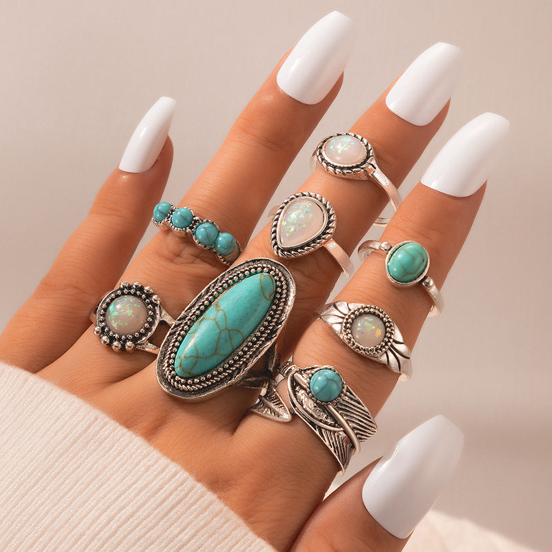 8-piece ring set vintage with turquoise carved feather ring