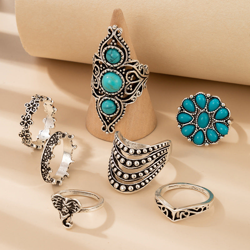 Turquoise Ring 7 Piece Silver Ring Set